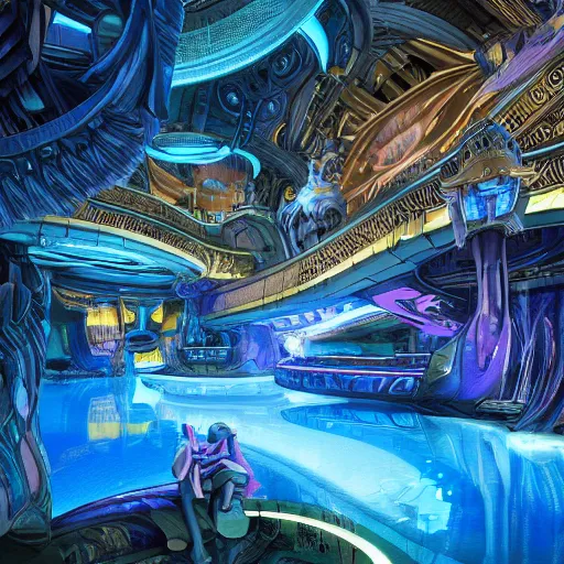 Image similar to Concept Digital Art Highly detailed Art Deco Cybertronian lazy river inside of the Palace of the Primes with glowing blue water at night by Stephen Hickman and Beeple. Very highly detailed 8K, Kodak Portra 400 in style of Hiromasa Ogura Ghost in the Shell, the golden ratio, rational painting