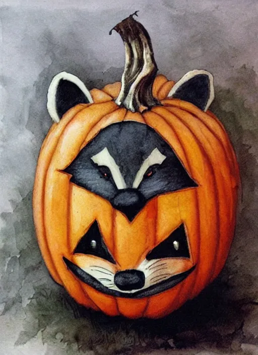 Image similar to halloween pumpkin in the shape of a raccoon by Rebecca Guay art, high quality, highly detailed,