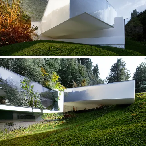 Prompt: extremely detailed non-Euclidean. stunning sophisticated thin beautiful house of.. 6 cantilevered construction .. levels made of multi-colored plastic balls , stunning volumetric light, sunset, multi-colored concrete and glass and translucent material, stunning ski,outside is multi-colored covered by moss and lichen manicured zen carved lawn, drawing by Giacomo Burattini and Shania McDonagh and grok, 8k