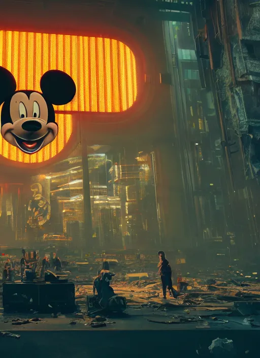 Prompt: giant destroyed head of cyberpunk mickey mouse surrounded by engineers, inside of abandoned netflix office, by beeple, dystopia, golden ratio, octane render, trending on artstation, 8 k