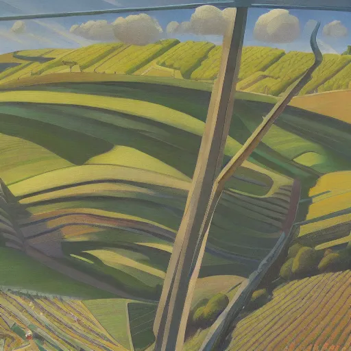 Image similar to dreaming futuristic csaterberg vineyards, painted by Alex Katz and Edward Hopper, airbrush, highly detailed