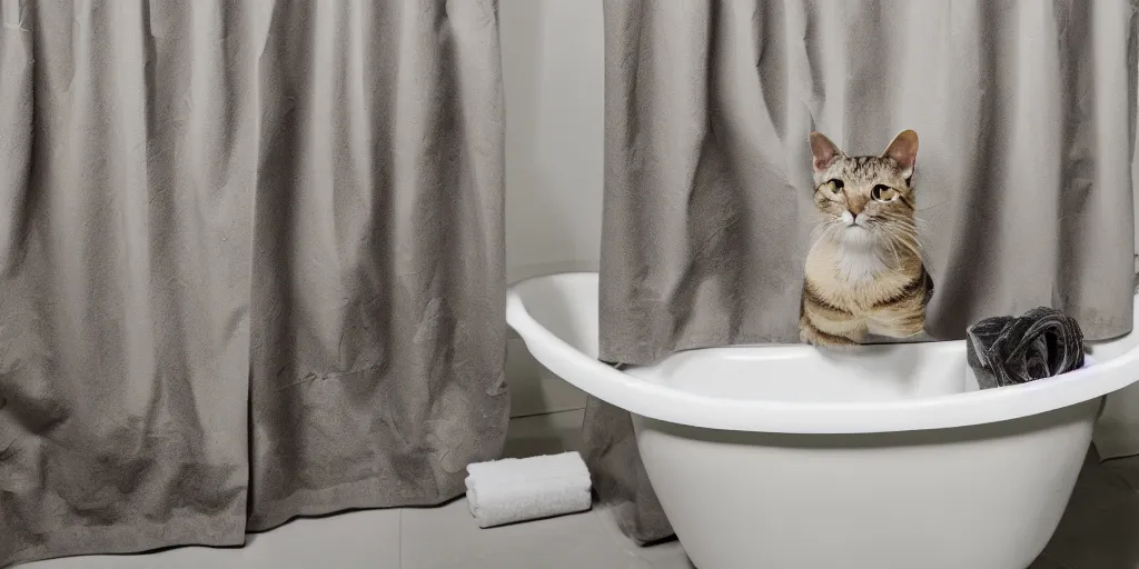 Image similar to shower curtain product catalog. wide - angle photo. on the curtain is a tabby cat wearing a large head towel coming out of a bathtub, product photography of a shower curtain, product lighting. 4 k, highly detailed. saturated.