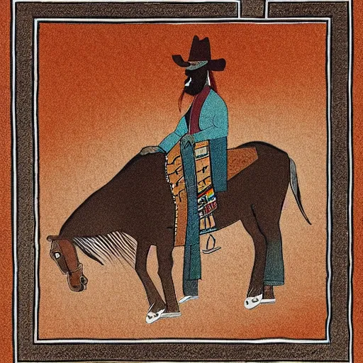 Prompt: bearded cowboy, standing alone, asian steppe in background, persian folkore illustration