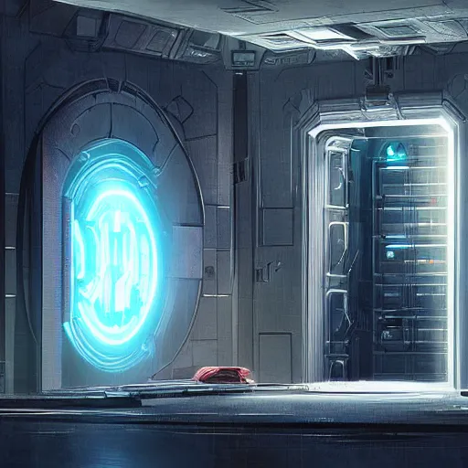 Prompt: a top secret vault door, elegant digital illustration by greg rutkowski, cyberpunk, android netrunner, security system