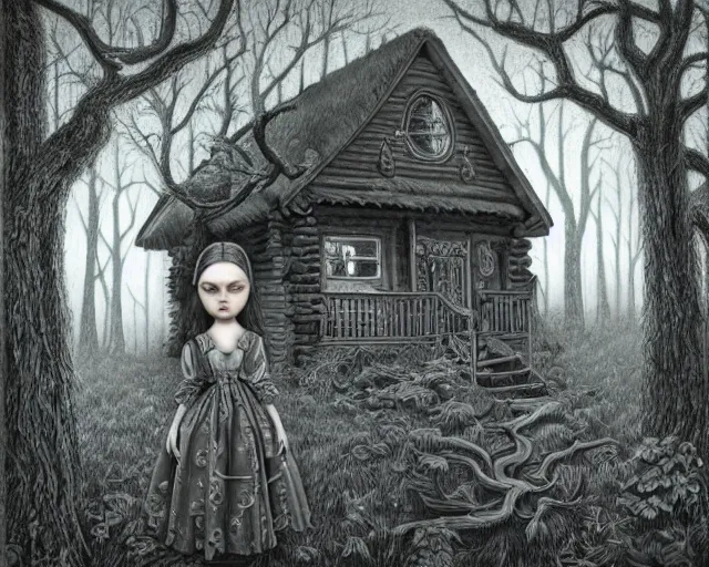 Prompt: intricate detailed portrait of a character in front of a cabin in a dark mysterious forest by mark ryden