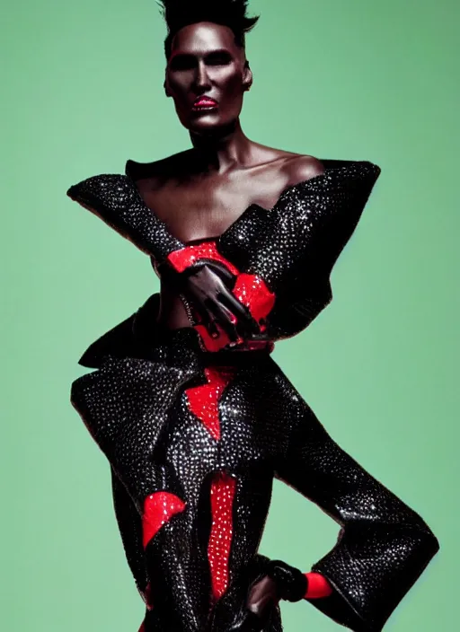 Image similar to grace jones styled by nick knight posing, set pieces, intricate set, vogue magazine, canon, highly realistic. high resolution. highly detailed. dramatic. 8 k. 4 k.