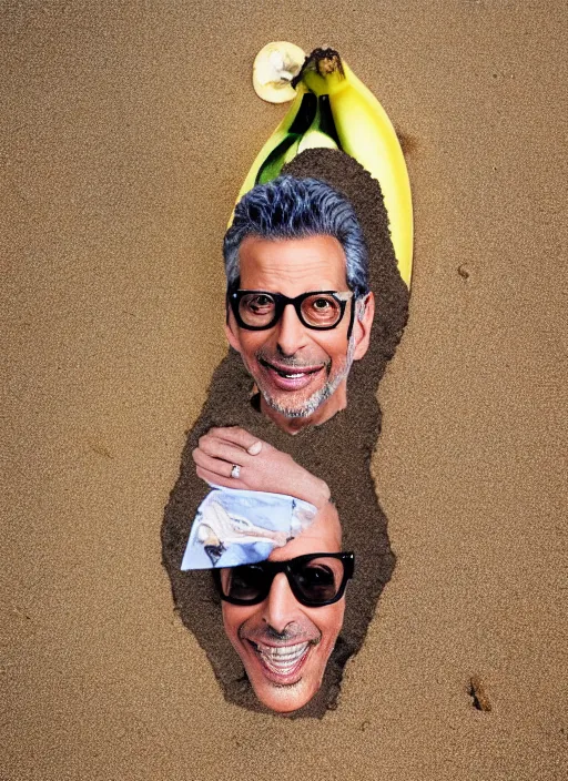 Image similar to jeff goldblum as a banana on the sand of a beach