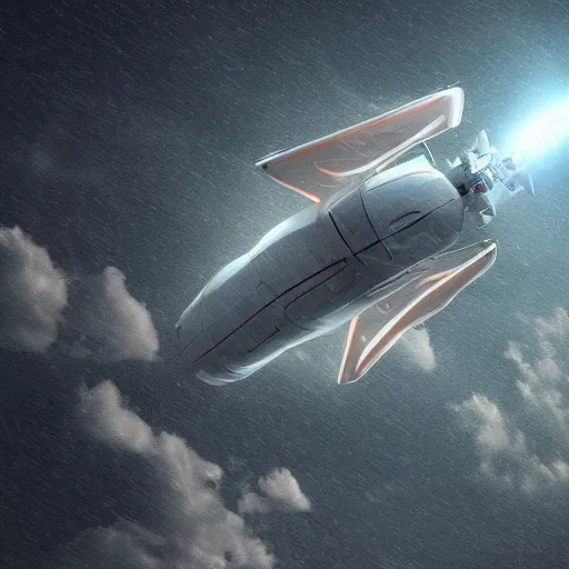 Image similar to ultra detailed sci fi spaceship flying in the sky under rain, bloom,