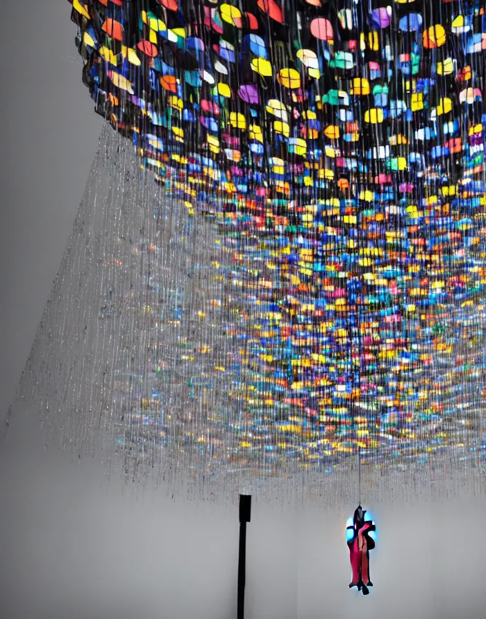 Prompt: high fashion close - up of a slick fashionable zara raincoat floating suspended mid - air over a wet rainy contemporary lighting art installation designed by olafur eliason, okuda, shot by steven meisel, denis villeneuve, wes anderson, lily frank, symmetry, rule of thirds