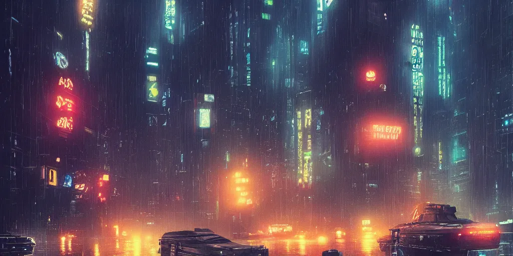 Prompt: bladerunner city, Makoto Shinkai, filmed, flying cars, raining, night, trending on ArtStation, oppressive lighting, trending on artstation, very detailed