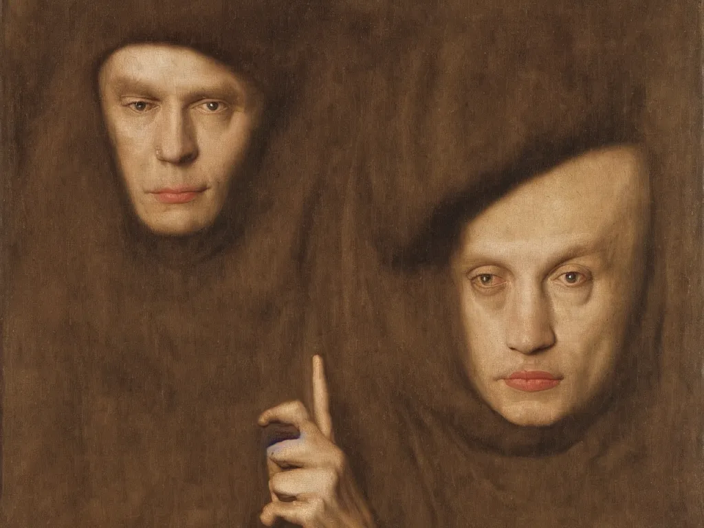 Image similar to portrait of a washed-up former Hollywood celebrity. Painting by Jan van Eyck, August Sander.