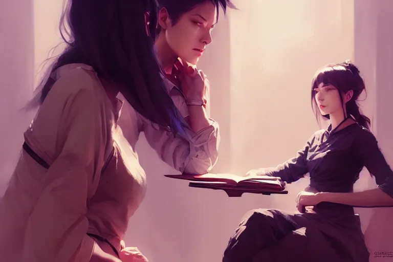 Image similar to portrait of two wise and very beautiful women discussing some texts, art by guweiz and greg rutkowski, intricate, elegant, highly detailed, smooth, sharp focus, artstation