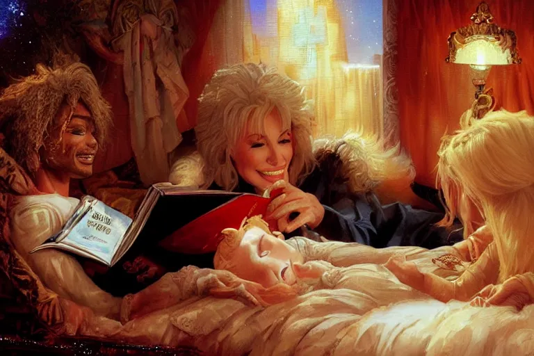 Image similar to portrait of dolly parton reading a bedtime story to michael jackson in bed, an oil painting by ross tran and thomas kincade