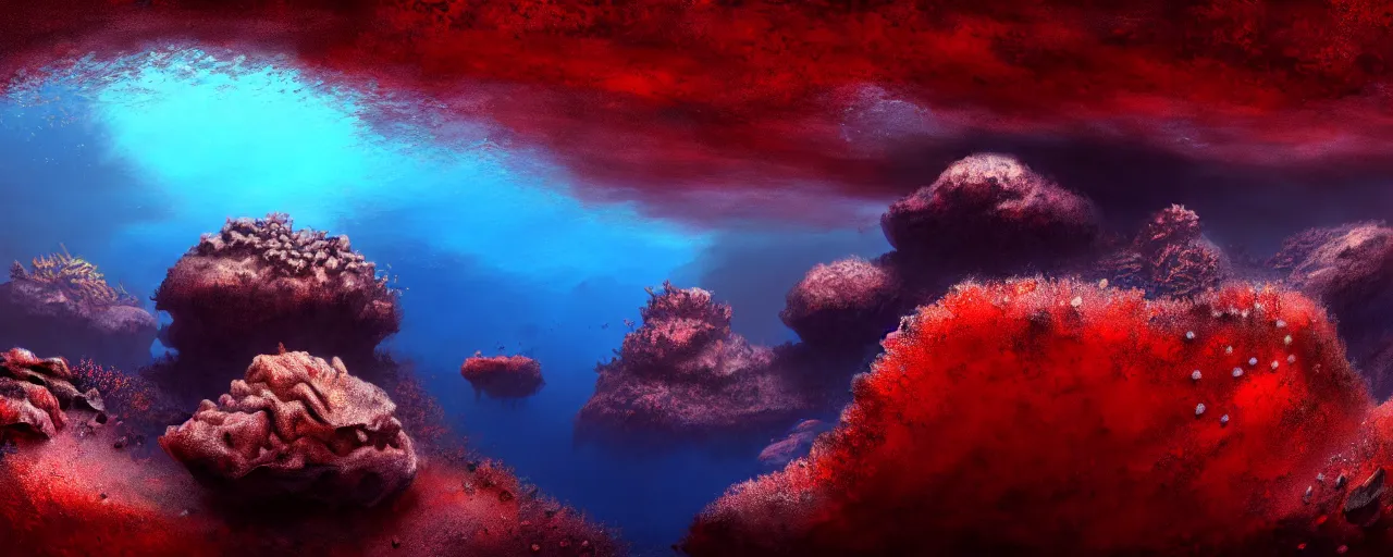 Image similar to A gorgeous detailed oil of a dark red sea covered in big blue steep rocks, a school of piranhas underwater, the further away the mistier it gets, surreal, concept art, dark aesthetic, atmospheric, moody, hyperrealism, highly detailed, masterpiece, award winning, 4k, unreal engine