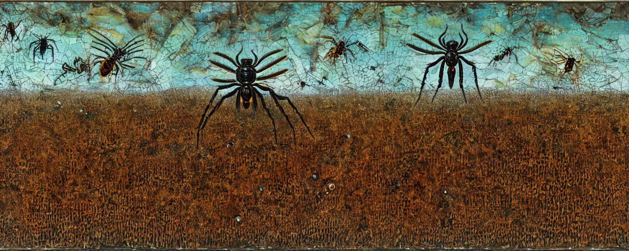 Image similar to strange giant insects, beetles, spiders and flies, swarming in a cornfield, oil painting by max ernst and anselm kiefer, decay, mixed media, textured, sharp focus, highly detailed, photographic emulsion cracked and peeling, rust, cinematic lighting, 8 k, hd