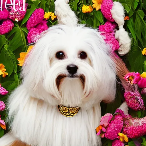 Image similar to cream - colored havanese dog wearing an ornate african necklace, a large headpiece made from flowers, soft light colored background, intriguing pose, magazine fashion photo by mark seliger