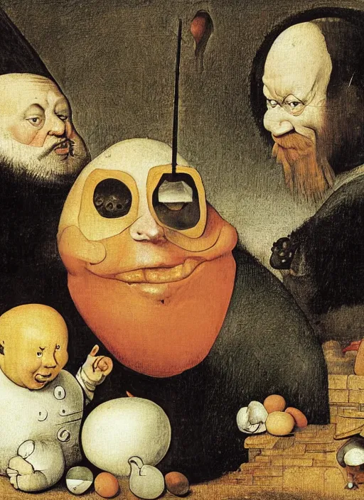 Image similar to carton of gregs'eggs with silly round humpty dumpty jack black facial expressions, realistic, by hieronymus bosch and pieter brueghel