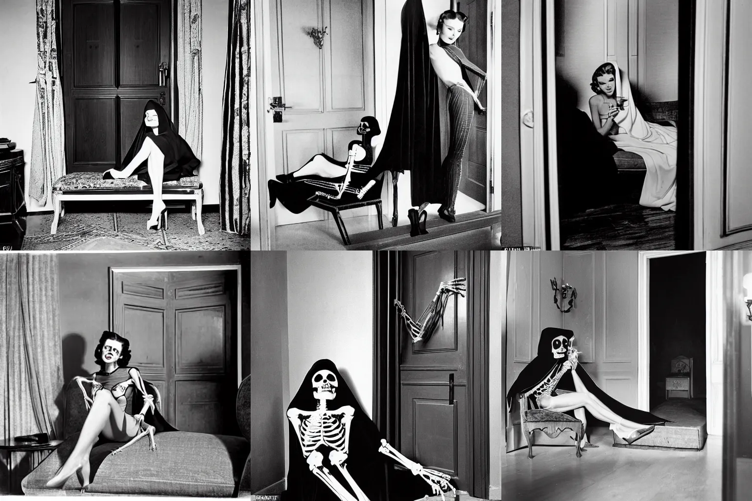 Prompt: photographic. room with a door. elegant 1940s diva sensually laying on a chaise longue having a martini in a hand. human skeleton wearing a hooded cape and black robe enters the room through the door