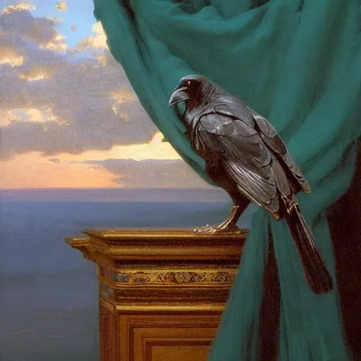 Image similar to a beautifully photoreal clear detailed victorian portrait of a close up raven on a victorian sill with an ornate velvet teal curtain at beautiful sunset daytime nature sunlit painting by frederic leighton and turner and rosetti, 8 k, octane render