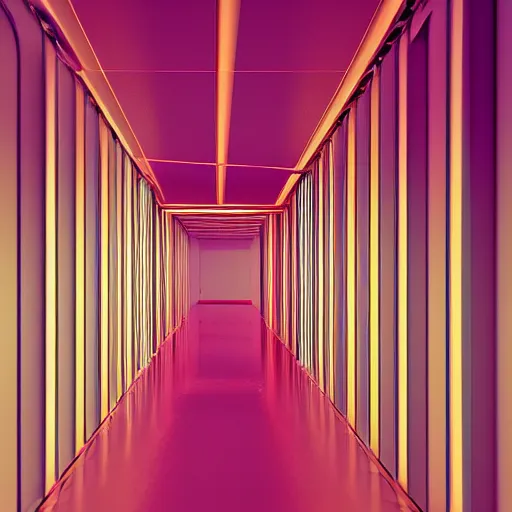 Image similar to noisy color photograph of a retrofuturist liminal space, twisting hallways, minimalist, cinematic, soft vintage glow, 3d render, photorealism