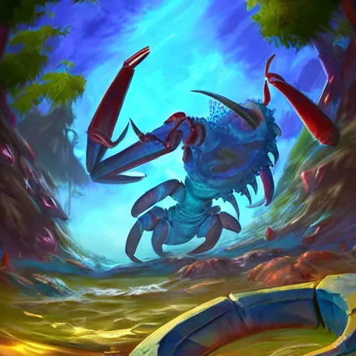 Image similar to blue giant (((((((crab monster)))))))) with giant crab claws, giant crab claws fantasy digital art, magical background in the style of hearthstone artwork