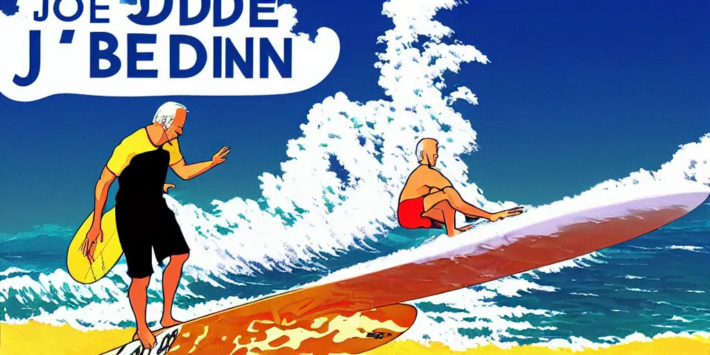 Image similar to joe biden surfing campaign poster, hawaii studio ghibli