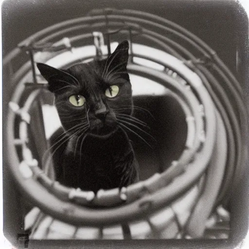 Prompt: black cat in a rollercoaster. the cat is looking excited. polaroid. sepia.