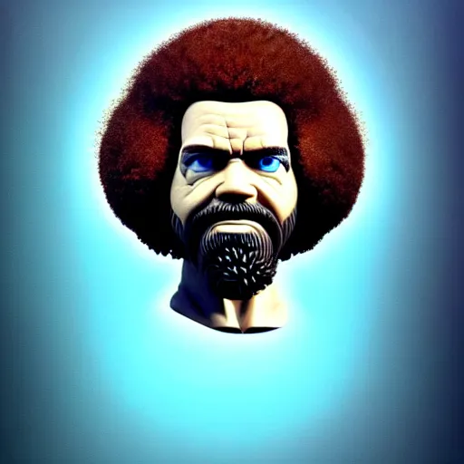 Image similar to bob ross chia pet with extremely large and intricate eye cyberpunk bionics with angry blue eyes and slim features looking askance, eye cyberpunk bionics, retro futurist style, intricate, elegant gleaming intricate baroque jewelry, angelic halo, highly detailed, digital painting, artstation, concept art, smooth, sharp focus, illustration, art by wlop, ravelo and rutkowski