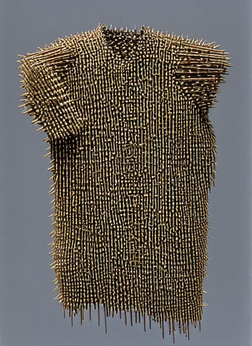 Prompt: realistic photograph of a a wooden sculpture object shirt made of oak wood, covered with tiny brass spikes on a grey background, centered composition, archival photography, metropolitan museum archival photo documentation, archaeology, 1 9 9 0, life magazine photo