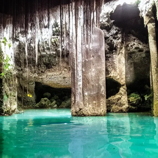 Prompt: cenotes with perfect, smooth, hexagonal altar in the center