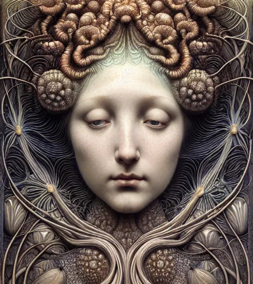 Image similar to detailed realistic beautiful summer goddess face portrait by jean delville, gustave dore, iris van herpen and marco mazzoni, art forms of nature by ernst haeckel, art nouveau, symbolist, visionary, gothic, neo - gothic, pre - raphaelite, fractal lace, intricate alien botanicals, ai biodiversity, surreality, hyperdetailed ultrasharp octane render