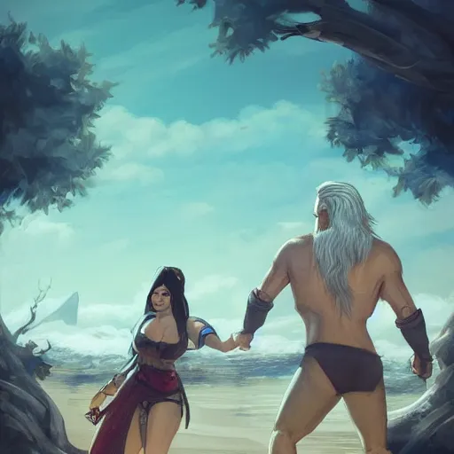 Prompt: Portrait of Geralt of Rivia and Yennefer of Vengerberg in bathing suits at the beach, character design, fantasy, cartoon, bright atmospheric lighting, highly detailed, ArtStation, trending on ArtStation, by Matthew Orders