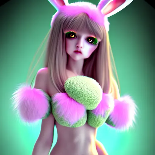 Prompt: ultrarealistic sweet bunny girl, intricate details, green eyes, 8K, long hair, fluffy, pink