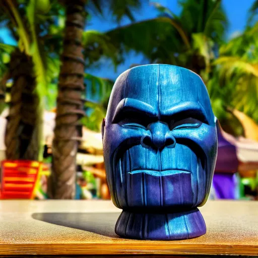 Image similar to a closeup photorealistic photograph of a thanos style tiki mug sitting at a trader vic's beach bar featuring the face of thanos. tiki party. bright scene. fine detail. this 4 k hd image is trending on artstation, featured on behance, well - rendered, extra crisp, features intricate detail, epic composition and the style of unreal engine.