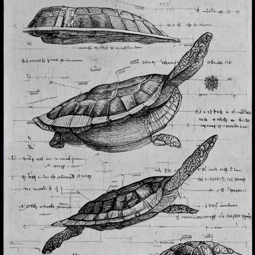 Image similar to a turtle airship, mechanical diagram, drawing from the notebooks of da vinci