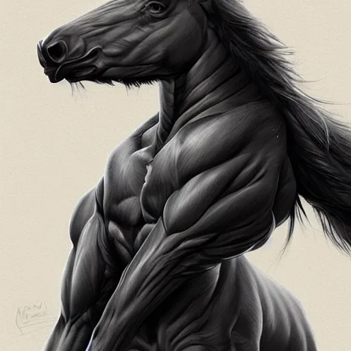 Image similar to a enormously muscled black - coated anthro horse with long white hair wearing tactical kevlar fabric, exaggerated muscle physique, highly detailed, furry, furaffinity, digital painting, artstation, sharp focus, smooth, concept art, illustration, art by artgerm, greg rutkowski, makoto shinkai