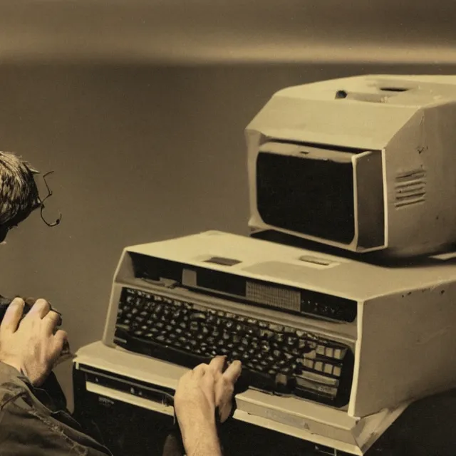 Prompt: a high resolution photo of a sad man watching the end of the universe on a vintage computer, dystopia, end of the world