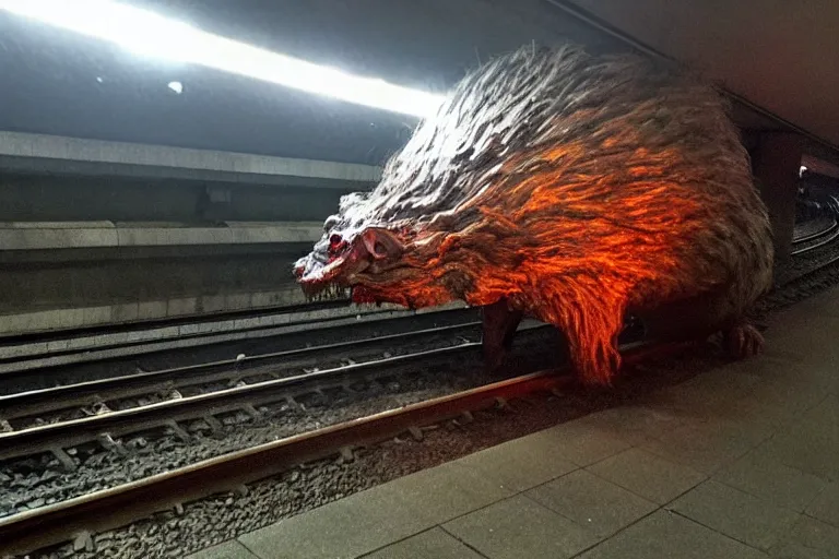 Image similar to very large giant mutant zombie irradiated ( angry rat ) staying on railways in tonnel of moscow subway. subway. giant angry rat, very realistic. extreme long shot, low dark light, anish kapoor, herman nitsch, giger.