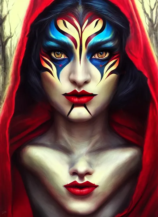 Image similar to photo of a gorgeous Beautiful face Portrait of Little Red Riding Hood with a lightning panther, face painting, woman in the style of stefan kostic, wild, realistic, sharp focus, 8k high definition, insanely detailed, intricate, elegant, art by stanley lau and artgerm