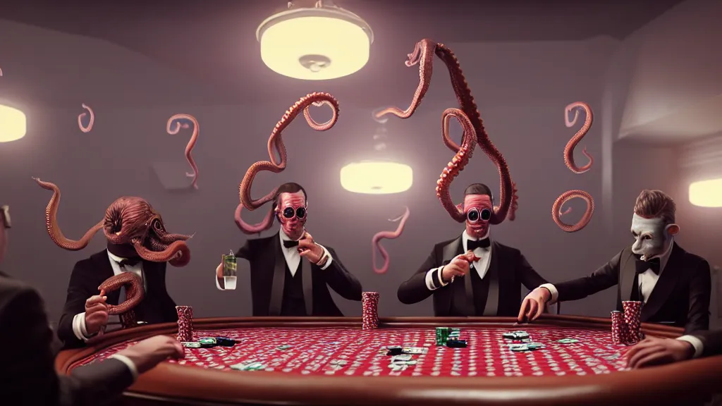 Image similar to hyperrealism simulation highly detailed human octopuses'wearing detailed tuxedos and smoking, playing poker in surreal scene from cyberpunk movie from future by wes anderson and denis villeneuve and mike winkelmann rendered in blender and octane render