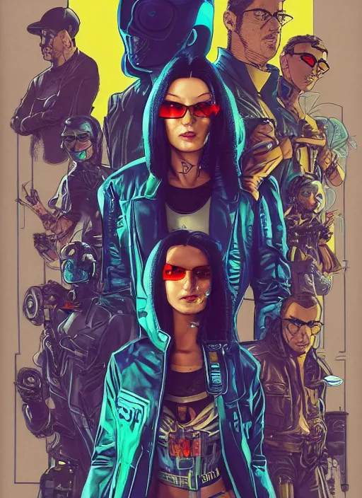 Image similar to cyberpunk heist crew. portrait by stonehouse and mœbius and will eisner and gil elvgren and pixar. character design. realistic proportions. dystopian. cyberpunk 2 0 7 7, apex, blade runner 2 0 4 9 concept art. cel shading. attractive face. thick lines.