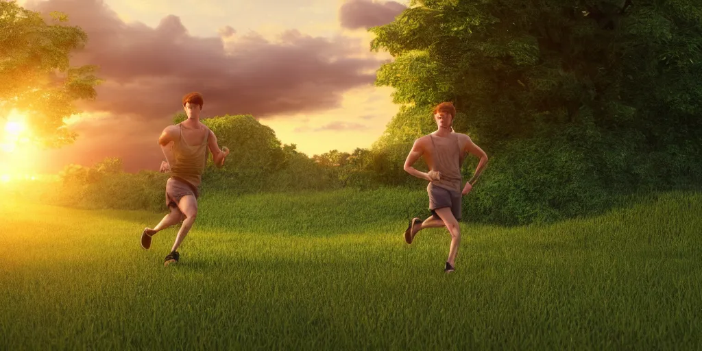 Prompt: Render of a young man running through a lush green countryside, with the sun setting over the sea, trending on artstation, 4k, soft focus