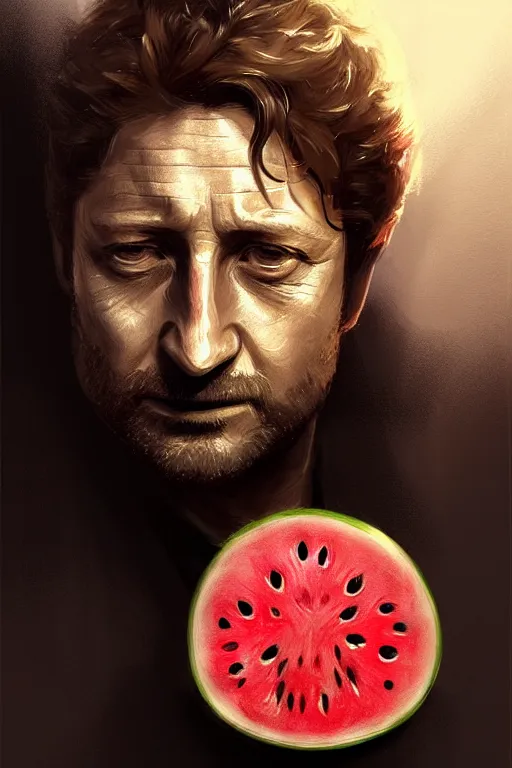 Prompt: portrait a watermellon with gerard butler as head, greek, intricate, headshot, key visual, conceptart, ambient lighting, highly detailed, digital painting, artstation, concept art, sharp focus, by makoto shinkai and akihiko yoshida and greg manchess