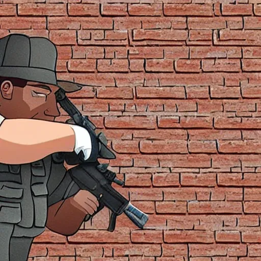 Prompt: ATF agent looking over a brick wall, in the style of King of the Hill cartoon