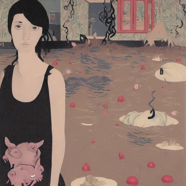 Image similar to tall female emo artist holding a pig in her flooded bathroom, mushrooms, octopus, water gushing from ceiling, painting of flood waters inside an artist's bathroom, a river flooding indoors, pomegranates, pigs, ikebana, zen, river, rapids, waterfall, black swans, canoe, berries, acrylic on canvas, surrealist, by magritte and monet