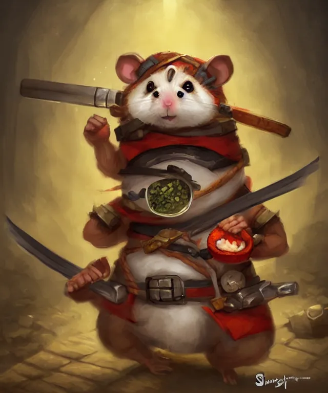 Image similar to anthropomorphic hamster ninja eating sushi, ninja outfit, standing in a buddhist temple, cute and adorable, dnd character art portrait, matte fantasy painting, deviantart artstation, by jason felix by steve argyle by tyler jacobson by peter mohrbacher, cinematic lighting