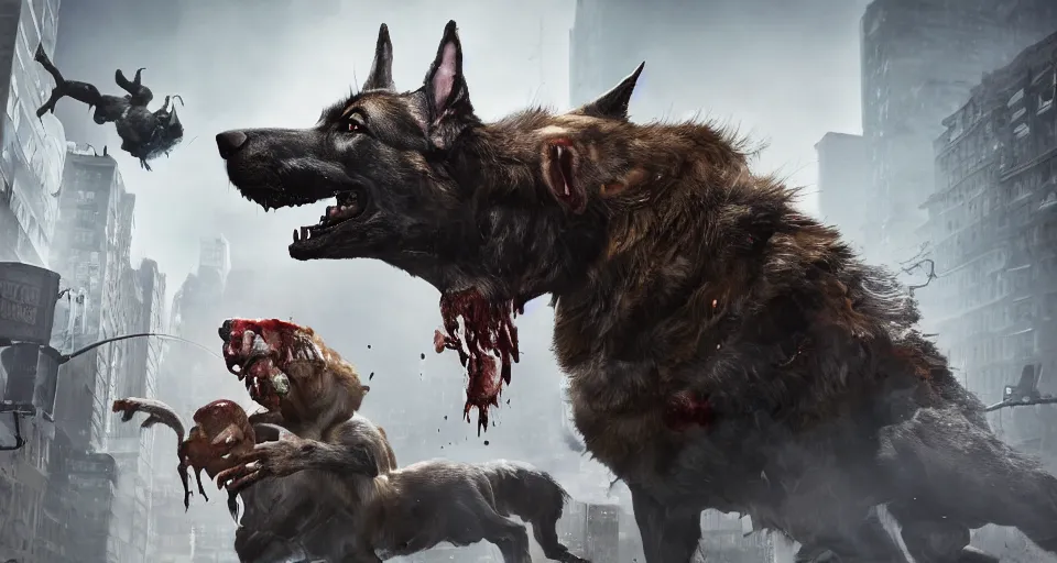 Image similar to the german shepherd of I am legend in new york attacking a zombie, foam around the teeth, octane render, unreal engine, style of peter mohrbacher, 8k highly detailed