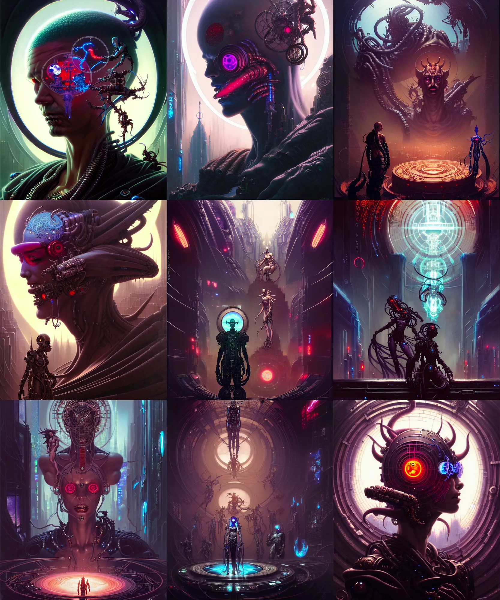 Prompt: beautiful cyberpunk demons in a circle fantasy character portrait, ultra realistic, sci fi city, wide angle, intricate details, the fifth element artifacts, highly detailed by peter mohrbacher, hajime sorayama, wayne barlowe, boris vallejo, aaron horkey, gaston bussiere, craig mullins