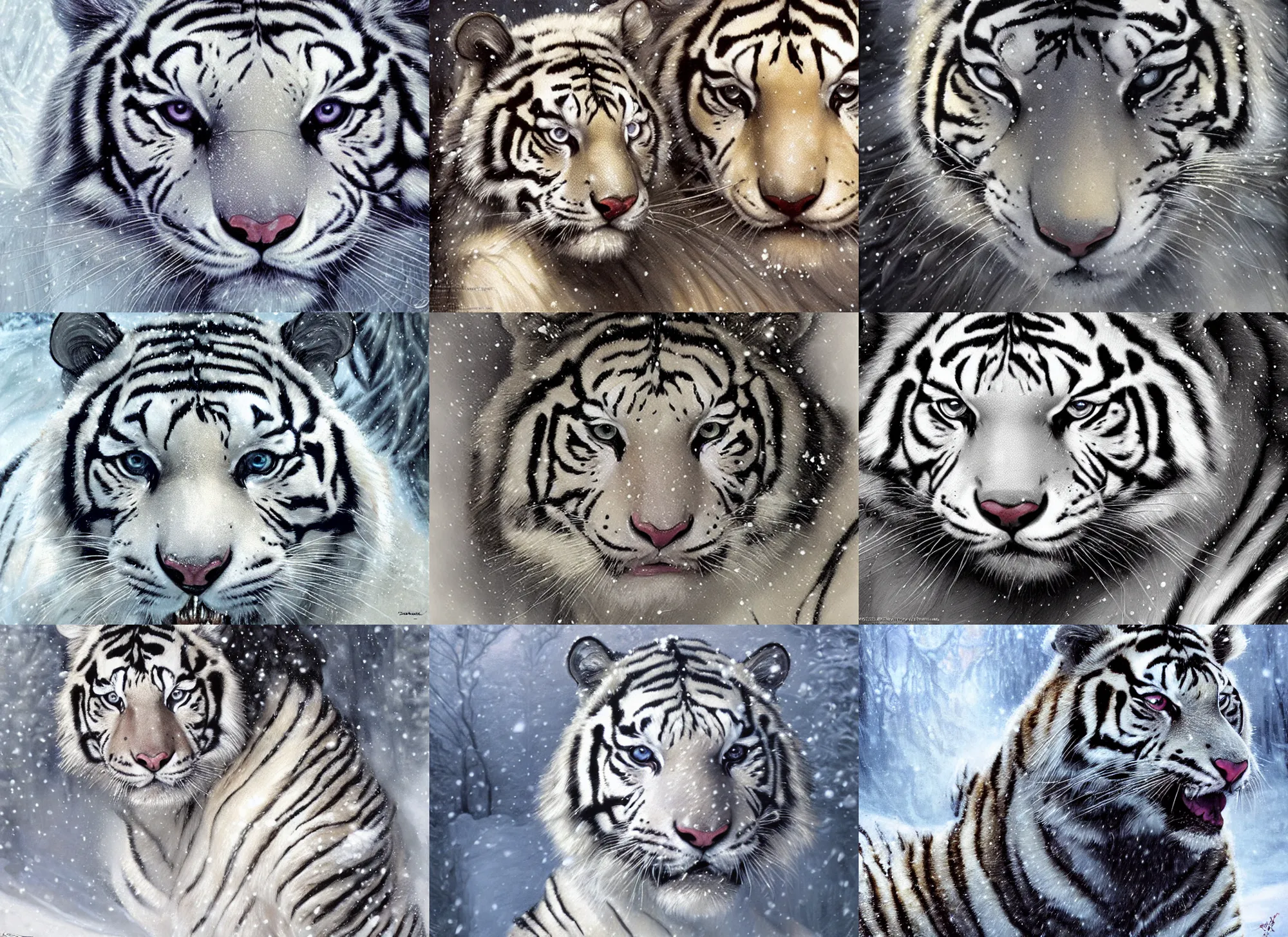 Prompt: close-up face portrait of muscled Denise Richards mounted on a fierce large white tiger, wintery scene, snow storm, Donato Giancola, Mark Brooks, Ralph Horsley, Charlie Bowater, Artgerm, Christopher Balaskas, Bastien Lecouffe-Deharme