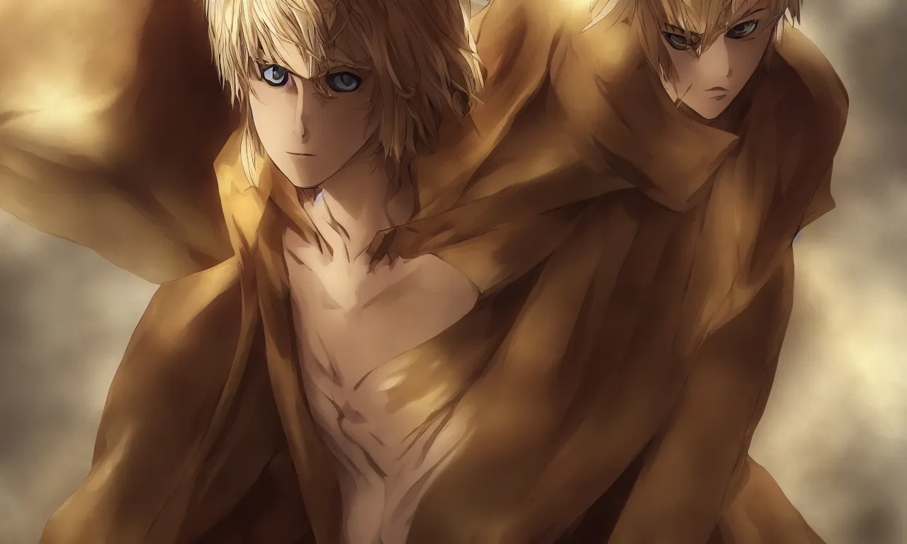 prompthunt: blonde boy with golden eyes wearing a brown cape, anime  screenshot, mappa studio artstyle, hyper realistic, pale skin, 4 k, rule of  thirds, extreme detail, detailed drawing, trending artstation, hd, fantasy